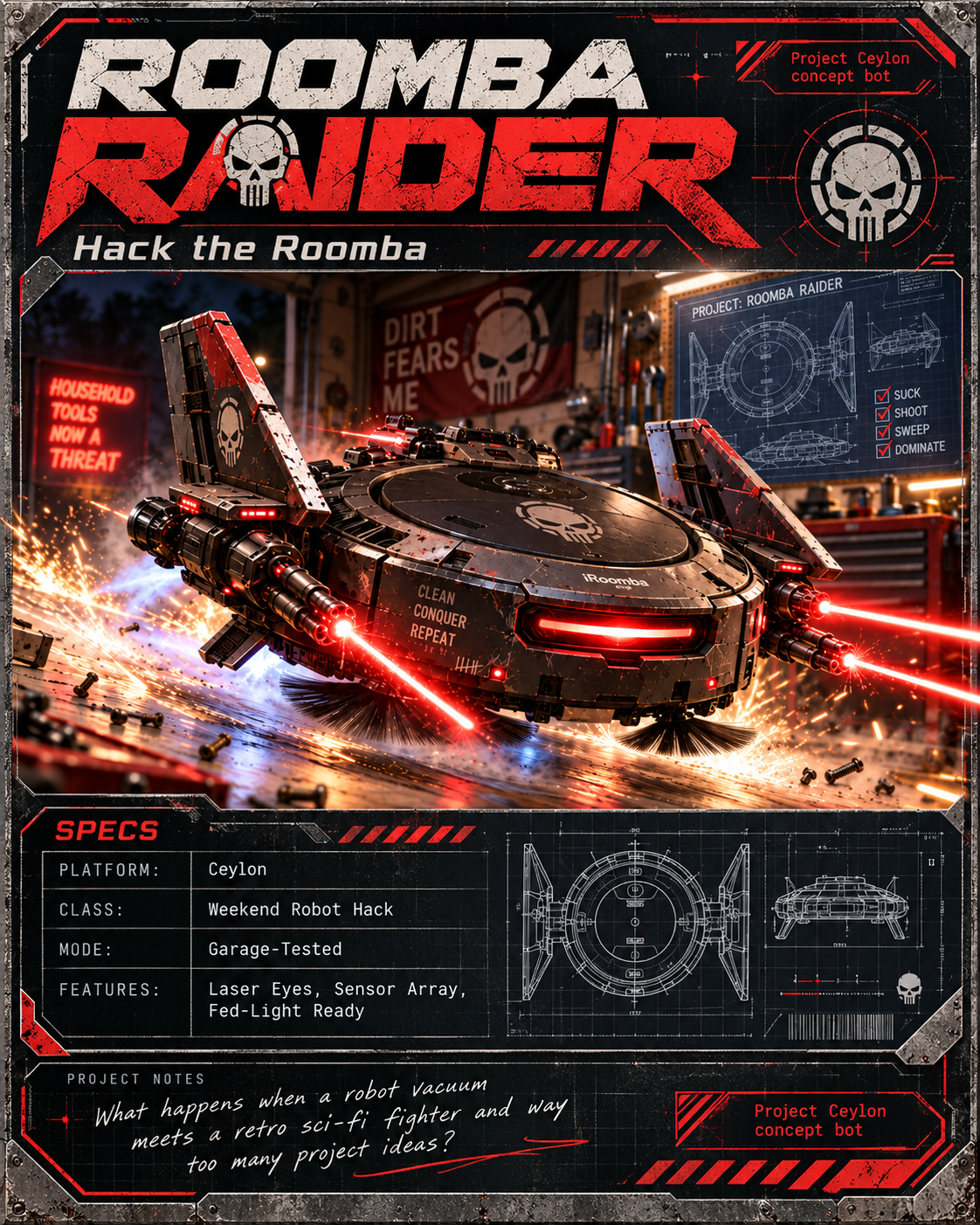 Poster: “Roomba Raider — Hack the Roomba”, a robot vacuum rebuilt as a winged fighter with red lasers in a garage workshop, labeled “Project Ceylon concept bot”, with a spec panel reading Platform: Ceylon, Class: Weekend Robot Hack.